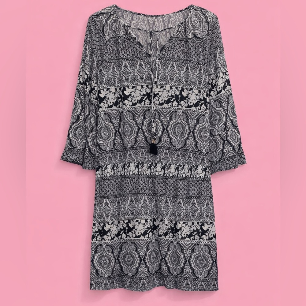 White House Black Market Medallion Print Bell Sleeve Dress Tassel Size 14 Boho